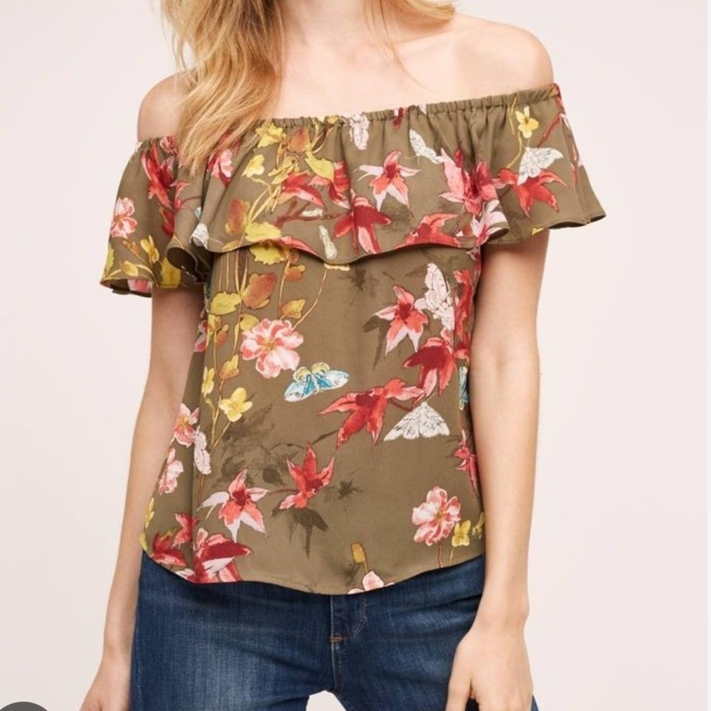 Maeve Anthropologie Floral Butterfly Off Shoulder Ruffle Blouse Olive Green Sz S